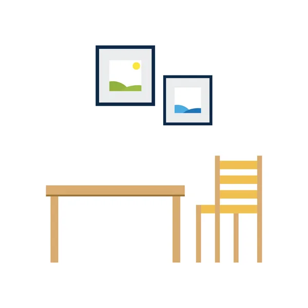 Стіл для вітальні і стілець з малюнками на стіні — стоковий вектор