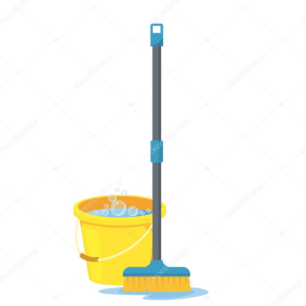 Yellow plastic bucket and a cleaning mop