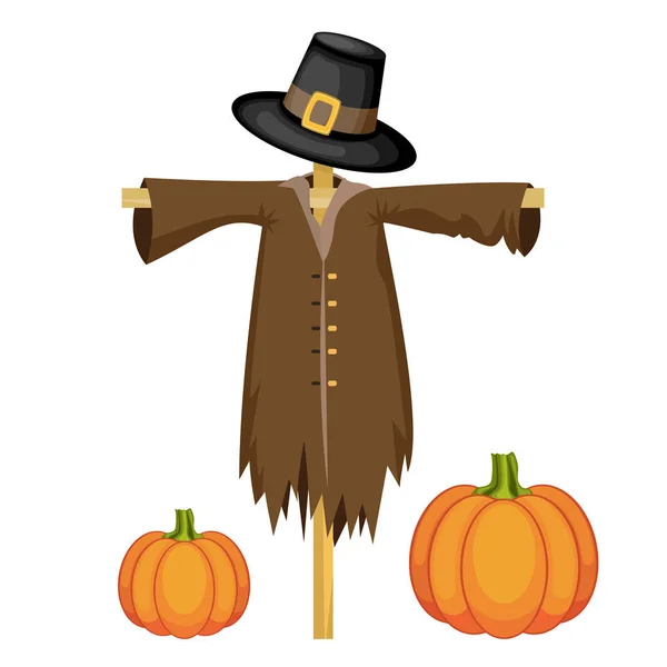 Scarecrow wearing pilgrim hat. vector illustration for thanksgi — Stock Vector