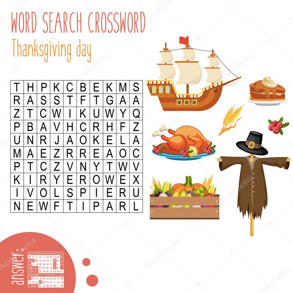 Easy word search crossword puzzle 'Thanksgiving day', for children in elementary and middle school. Fun way to practice language comprehension and expand vocabulary. Includes answers. Vector illustration.