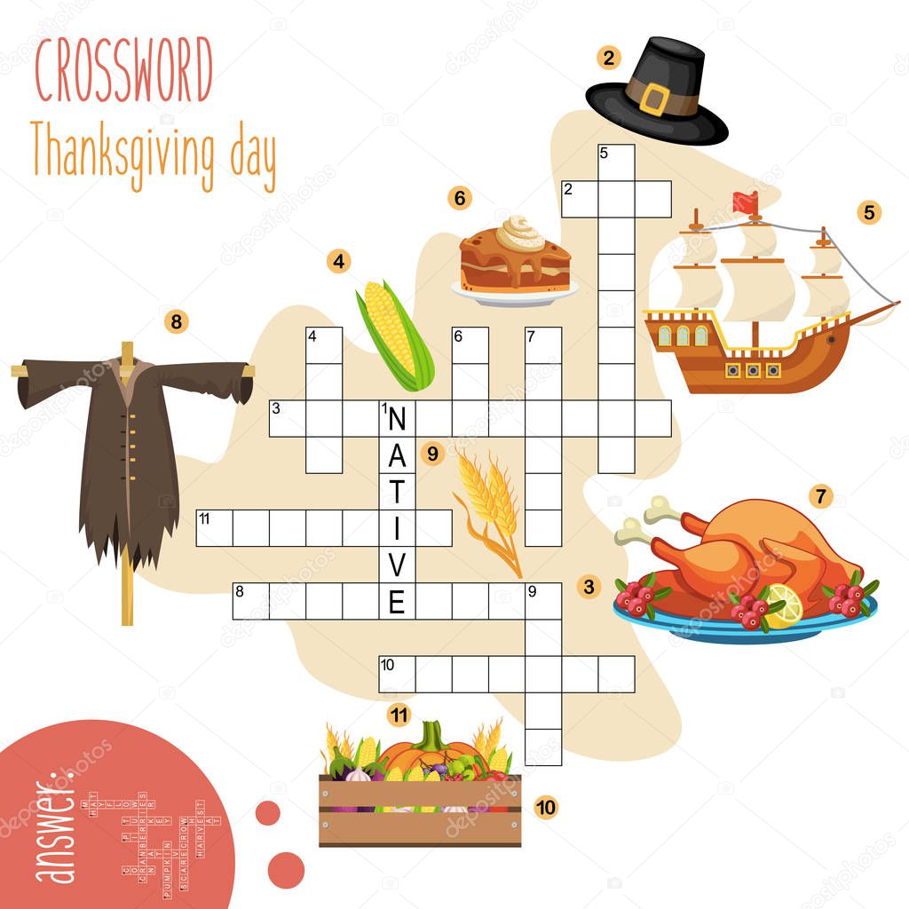 Easy crossword puzzle 'Thanksgiving day', for children in elementary and middle school. Fun way to practice language comprehension and expand vocabulary.Includes answers. Vector illustration.