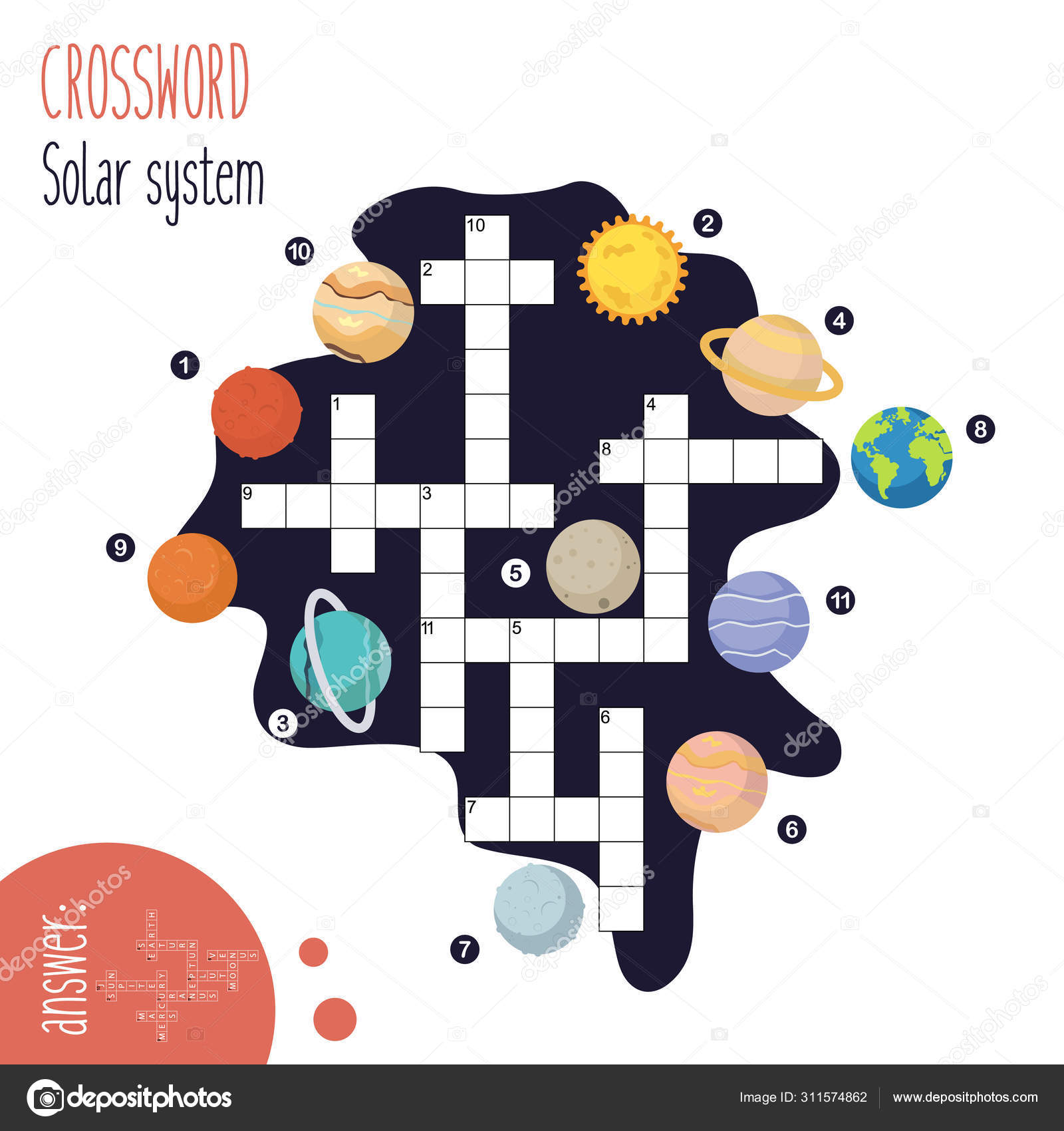 Easy Crossword Puzzle Solar System Children Elementary