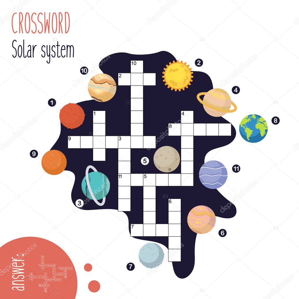 Easy crossword puzzle 'Solar system', for children in elementary and middle school. Fun way to practice language comprehension and expand vocabulary.Includes answers. Vector illustration.