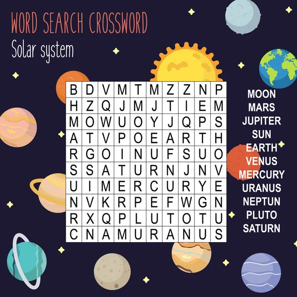 Easy Crossword Puzzle Solar System Children Elementary Middle School Fun — Stock Vector