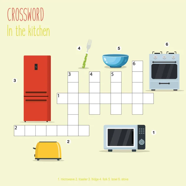 Easy Crossword Puzzle Kitchen Children Elementary Middle School Fun Way — Stock Vector