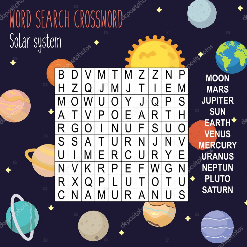 Easy crossword puzzle 'Solar system', for children in elementary and middle school. Fun way to practice language comprehension and expand vocabulary. Includes answers. Vector illustration.