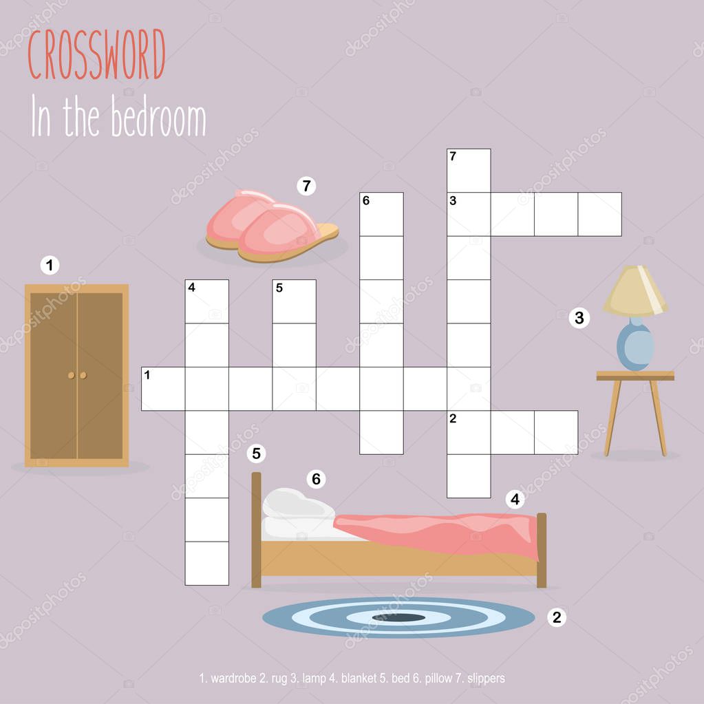 Easy crossword puzzle 'In the bedroom', for children in elementary and middle school. Fun way to practice language comprehension and expand vocabulary. Includes answers. Vector illustration.