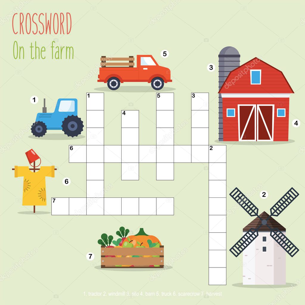 Easy crossword puzzle 'On the farm', for children in elementary and middle school. Fun way to practice language comprehension and expand vocabulary. Includes answers. Vector illustration.