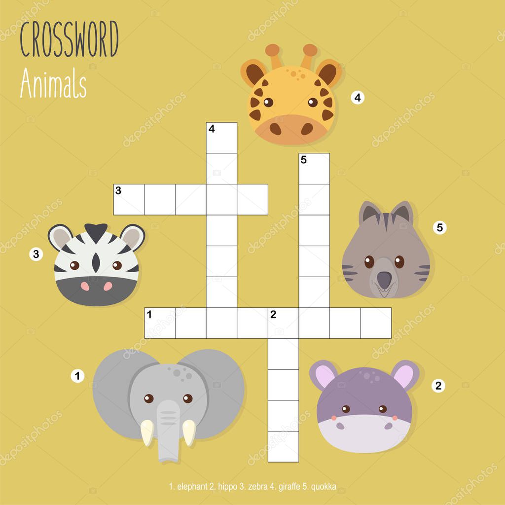 Easy crossword puzzle 'Animals', for children in elementary and middle school. Fun way to practice language comprehension and expand vocabulary. Includes answers. Vector illustration.