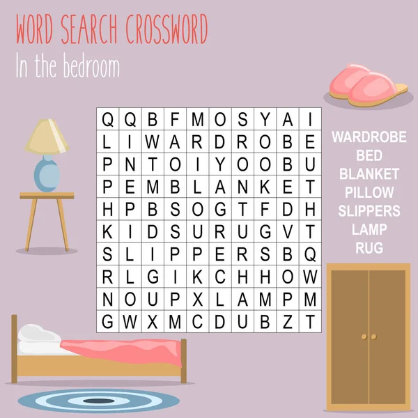 Easy Word Search Crossword Puzzle Bedroom Children Elementary Middle School — Stock Vector