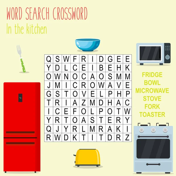 Easy Word Search Crossword Puzzle Kitchen Children Elementary Middle School — Stock Vector