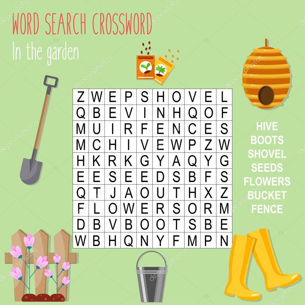 Easy word search crossword puzzle 'In the garden', for children in elementary and middle school. Fun way to practice language comprehension and expand vocabulary. Includes answers. Vector illustration.