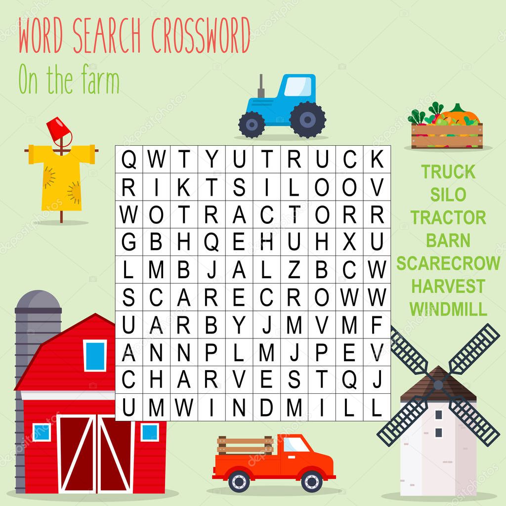 Easy word search crossword puzzle 'On the farm', for children in elementary and middle school. Fun way to practice language comprehension and expand vocabulary. Includes answers. Vector illustration.