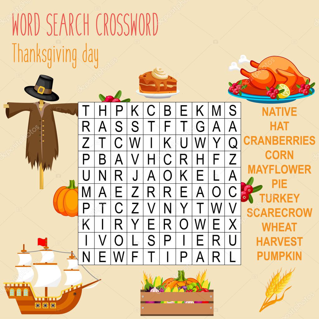 Easy word search crossword puzzle 'Thanksgiving day', for children in elementary and middle school. Fun way to practice language comprehension and expand vocabulary. Includes answers. Vector illustration.