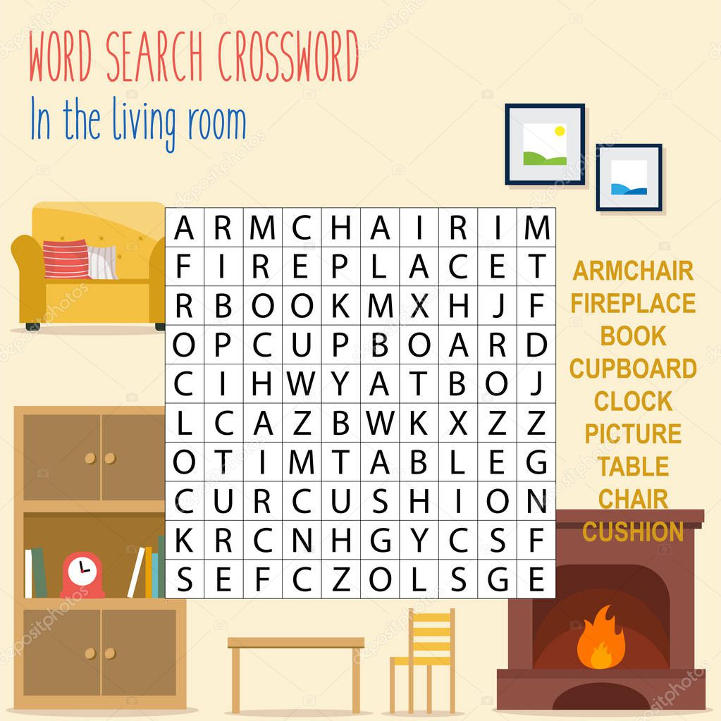 Easy word search crossword puzzle 'At the living room', for children in elementary and middle school. Fun way to practice language comprehension and expand vocabulary. Includes answers. Vector illustration.