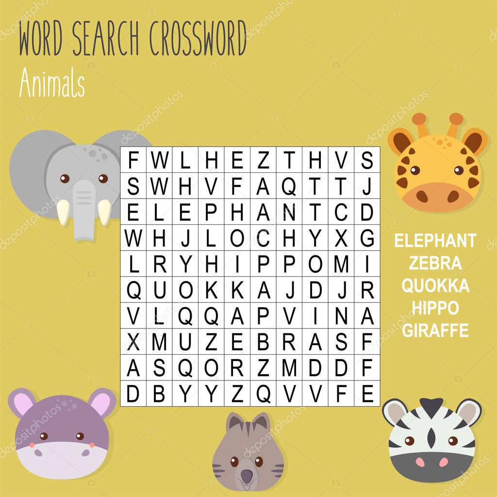 Easy word search crossword puzzle 'Animals', for children in elementary and middle school. Fun way to practice language comprehension and expand vocabulary. Includes answers. Vector illustration.