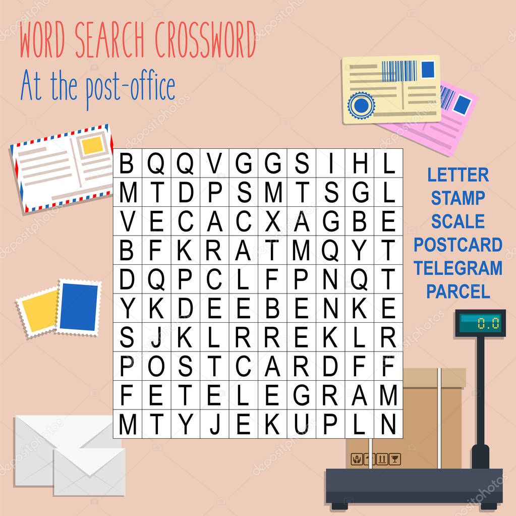 Easy word search crossword puzzle 'At the post-office', for children in elementary and middle school. Fun way to practice language comprehension and expand vocabulary. Includes answers. Vector illustration.