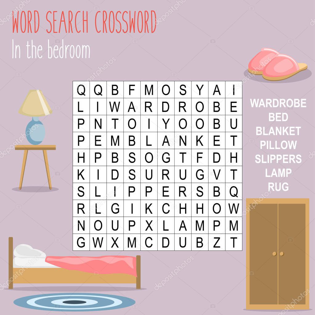 Easy word search crossword puzzle 'In the bedroom', for children in elementary and middle school. Fun way to practice language comprehension and expand vocabulary. Includes answers. Vector illustration.