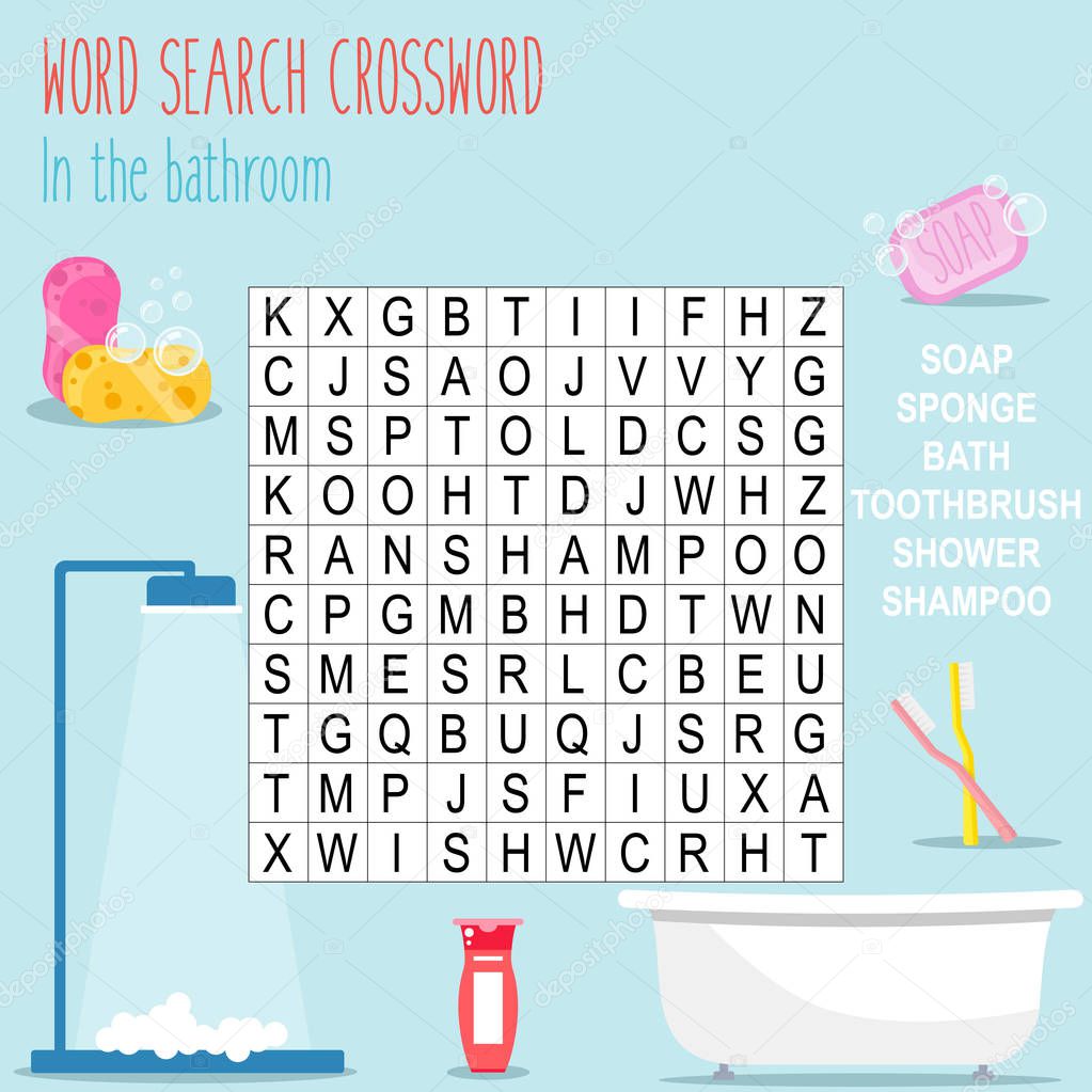 Easy word search crossword puzzle 'In the bathroom', for children in elementary and middle school. Fun way to practice language comprehension and expand vocabulary. Includes answers. Vector illustration.