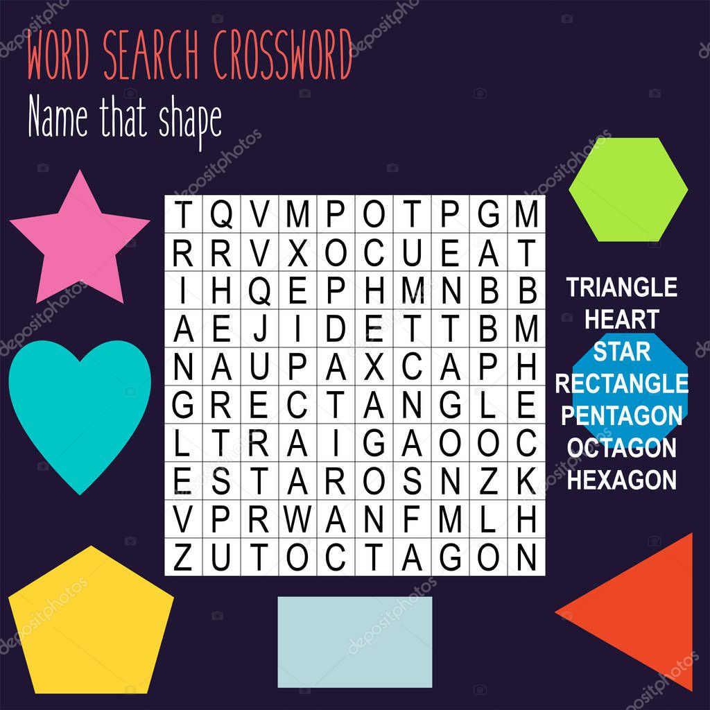 Easy word search crossword puzzle 'Name that shape', for children in elementary and middle school. Fun way to practice language comprehension and expand vocabulary. Includes answers. Vector illustration.