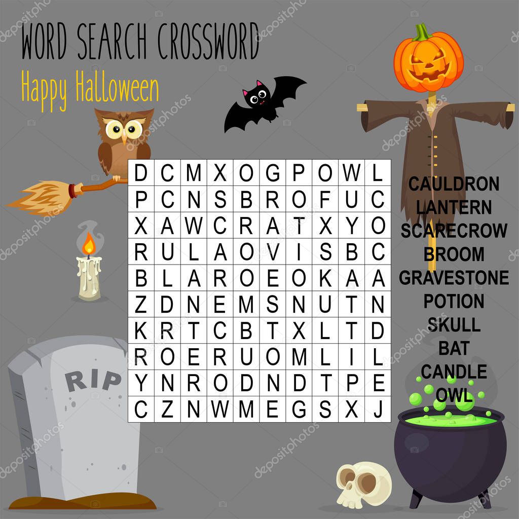 Easy word search crossword puzzle 'Happy Halloween', for children in elementary and middle school. Fun way to practice language comprehension and expand vocabulary. Includes answers. Vector illustration.