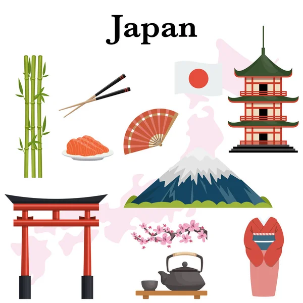 Jepang Simbol Ikon Terkenal Ditetapkan Vektor Ilustrasi - Stok Vektor