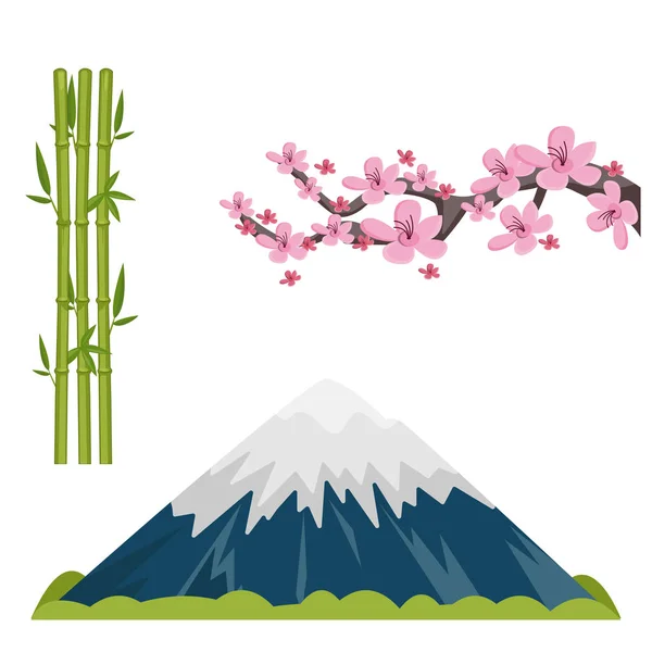 Giappone Simboli Famosi Set Icone Vettoriale Illustrazione — Vettoriale Stock