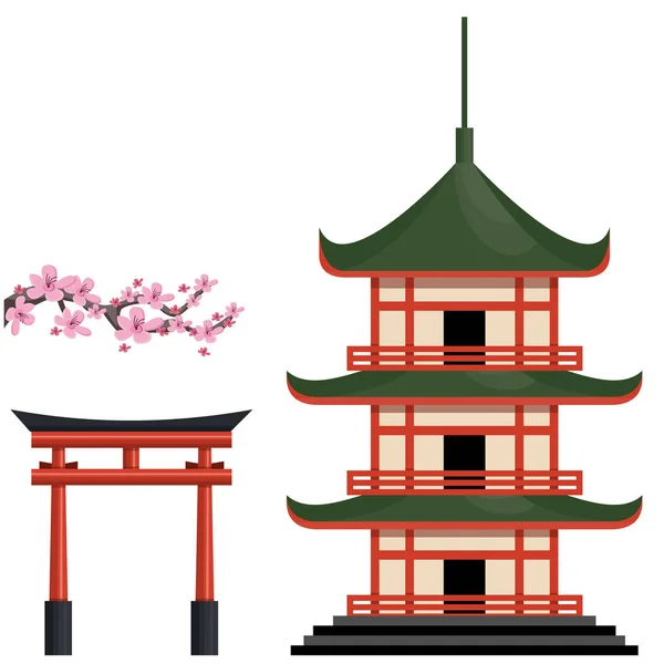 Japón Iconos Famosos Símbolos Conjunto Vector Ilustración — Vector de stock