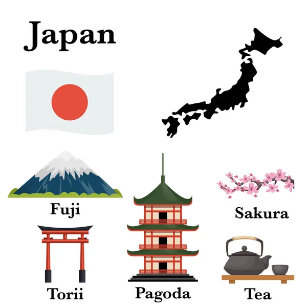 Giappone Simboli Famosi Set Icone Vettoriale Illustrazione — Vettoriale Stock