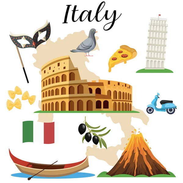 Olasz Híres Szimbólumok Ikonok Készlet Vektor Illusztráció — Stock Vector