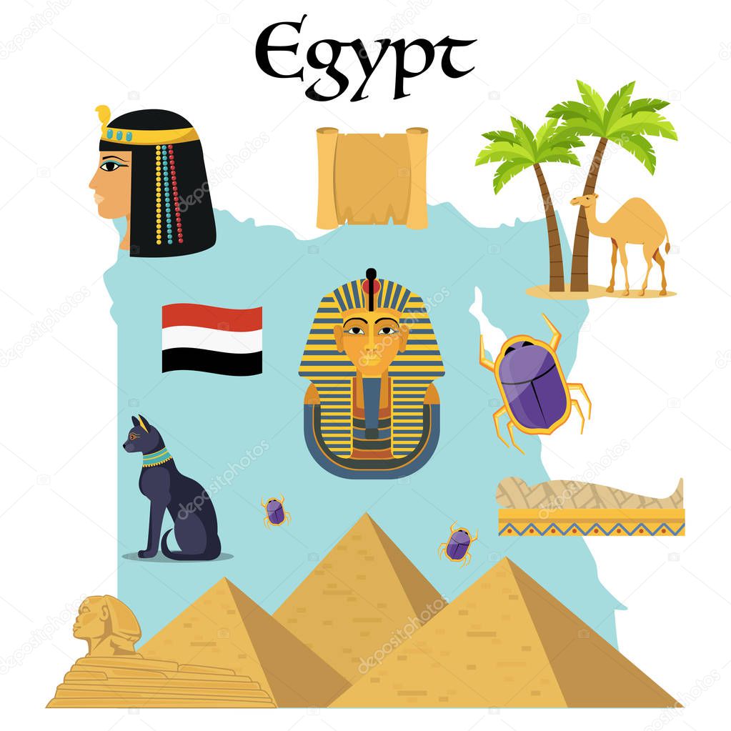 Egypt icons set. Famous egyptian symbols. 