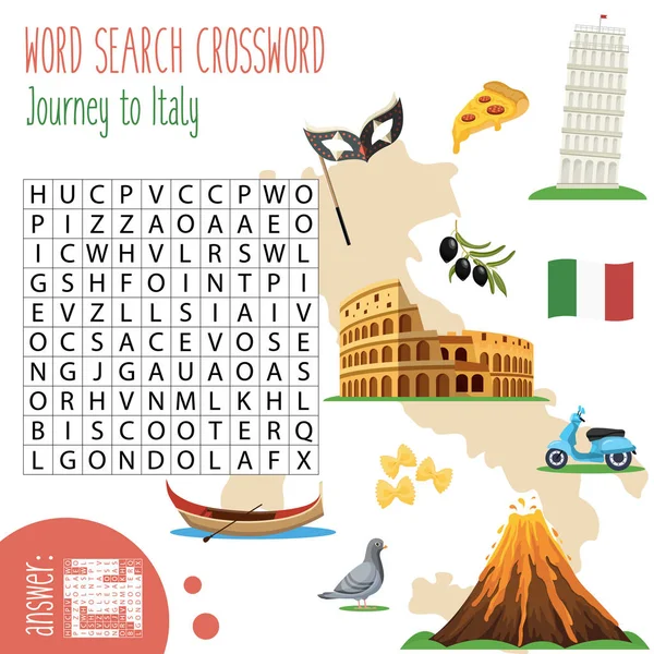 Palavras Cruzadas Busca Palavras Fáceis Journey Italy Para Crianças Ensino — Vetor de Stock