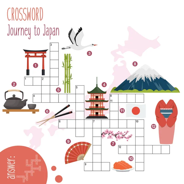 Легкий Кросворд Подорож Японії Дітей Початковій Середній Школі Цікавий Спосіб — стоковий вектор