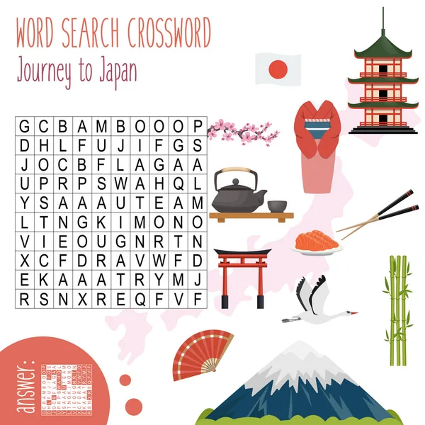 Basit Kelime Bulmacası Japonya Yolculuk Ilkokul Ortaokuldaki Çocuklar Için Dil — Stok Vektör
