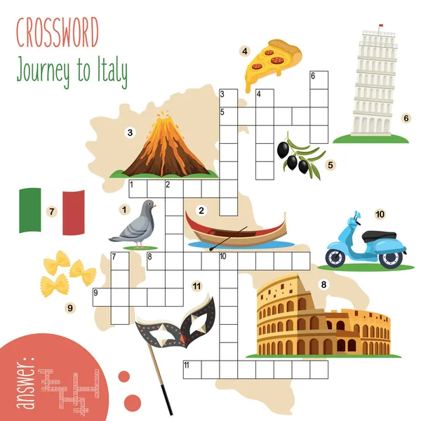 Fácil Palavras Cruzadas Viagem Itália Para Crianças Ensino Fundamental Médio — Vetor de Stock