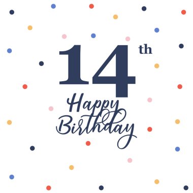 14. doğum günün kutlu olsun, renkli konfeti süslemeli vektör illüstrasyon tebrik kartı.