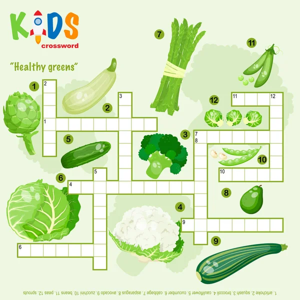Easy Crossword Puzzle Healthy Greens Children Elementary Middle School Fun — Stock Vector