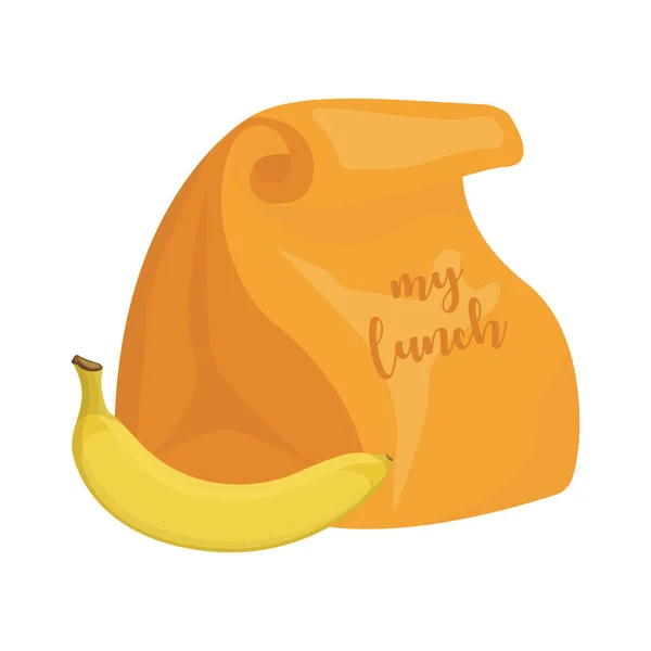 Cartoon Papier Lunchbag Und Banane Vektorillustration — Stockvektor
