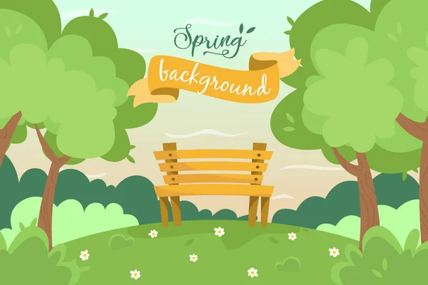 Spring Background Park Landscape Background Park Bench Trees Bushes Vector — Stock Vector
