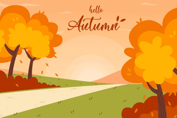 Аллея Парке Осенний Пейзаж Логотип Hello Autumn Векторная Иллюстрация — стоковый вектор