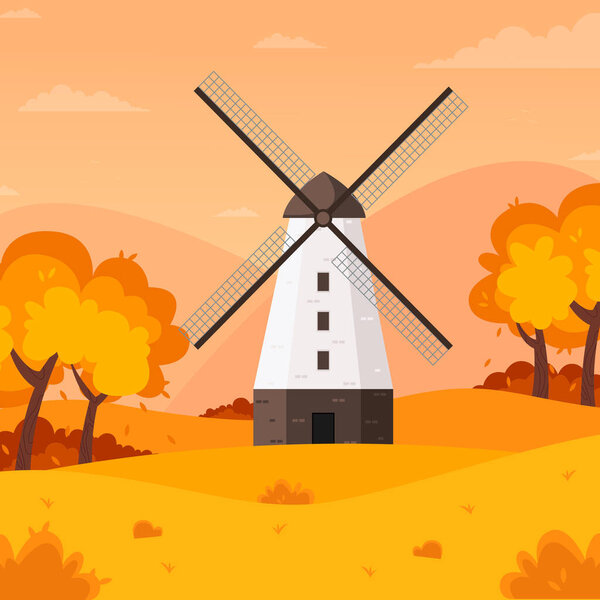 Autumn landscape background with farm windmill, vector illustration.