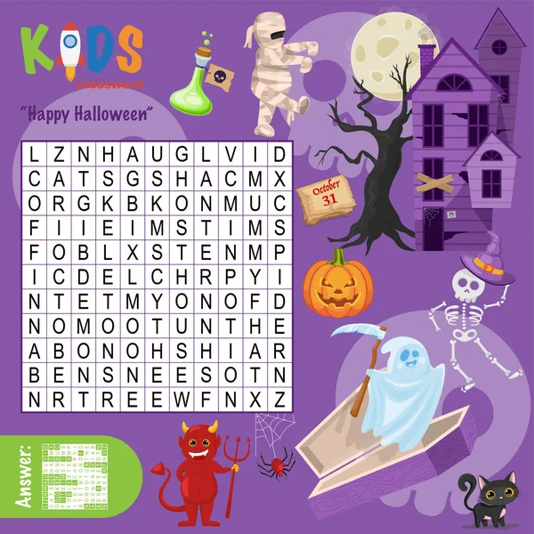 Easy Word Search Crossword Puzzle Happy Halloween Children Elementary Middle — Stock Vector