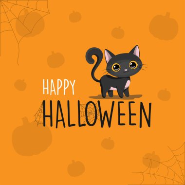 Mutlu cadılar bayramı kara kedi çizgi filmi turuncu arka plan, vektör illüstrasyonu
