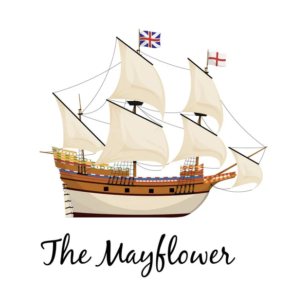 Mayflower gemisi. Seyyah gemisi. Şükran Günü için karikatür vektör çizimi.