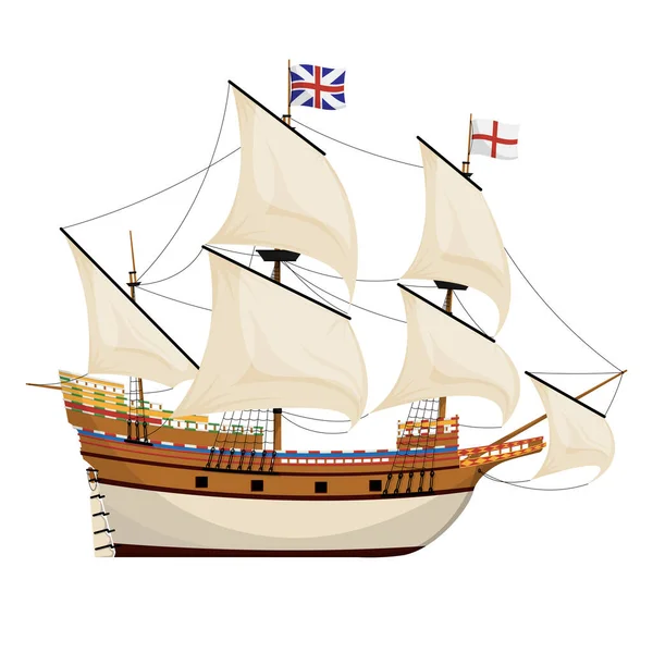 Mayflower Hajó Zarándok Hajó Rajzfilm Vektor Illusztráció Hálaadás Napi Ünnep — Stock Vector