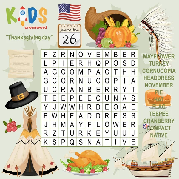 Easy Word Search Crossword Puzzle Thanksgiving Day Children Elementary Primary — Stock Vector