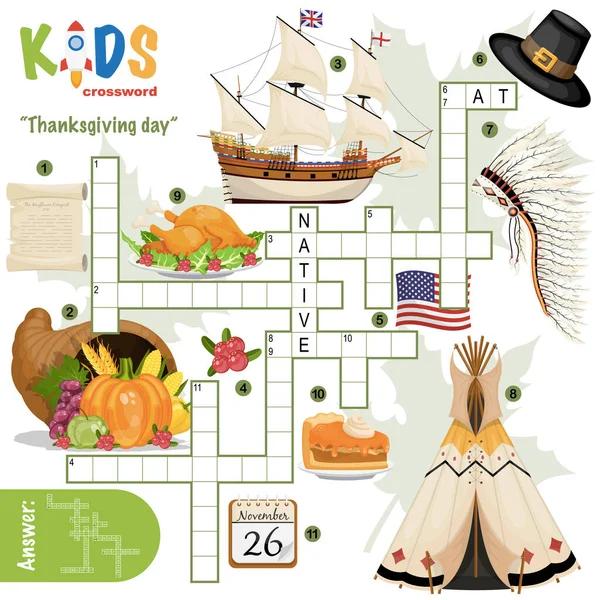 Easy Crossword Puzzle Thanksgiving Day Children Elementary Primary Middle School — Stock Vector