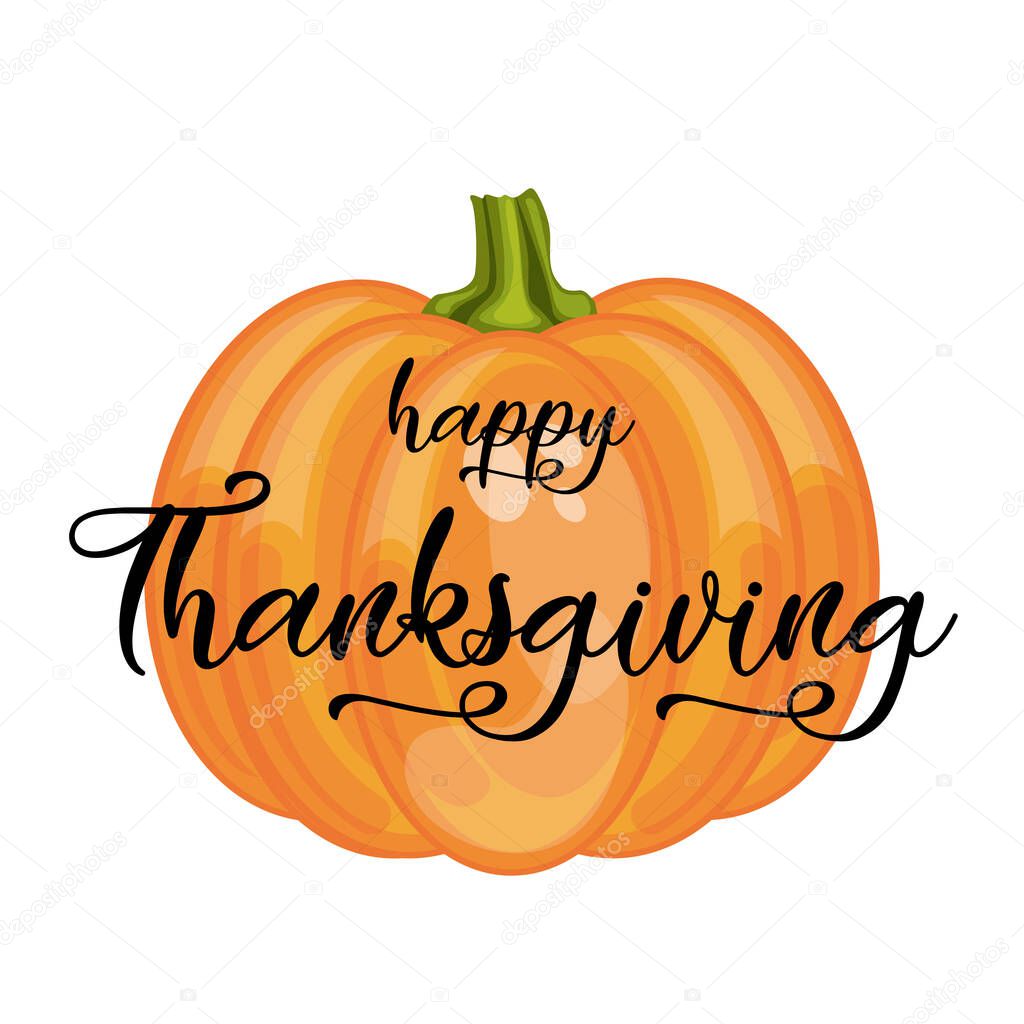 Happy Thanksgiving lettering on pumpkin background. Vector illustration.