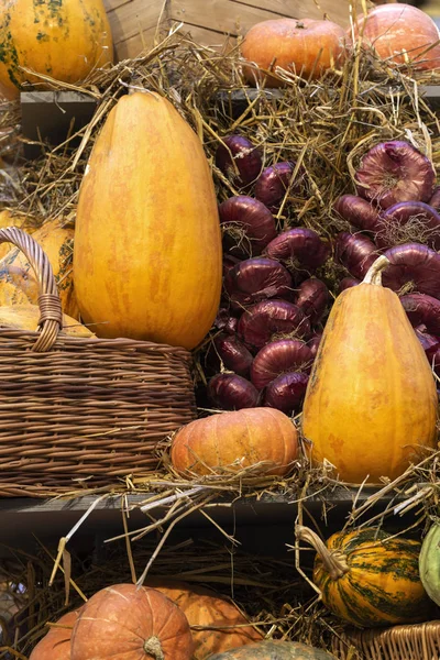 Composição Outonal Abóboras Com Feno Fundo Madeira — Fotografia de Stock