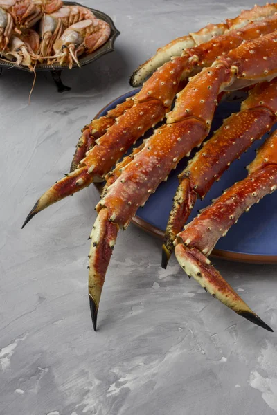 Delicious Fresh Luxury King Kamchatka Crab Claw Blue Plate Gray — Stock Photo, Image